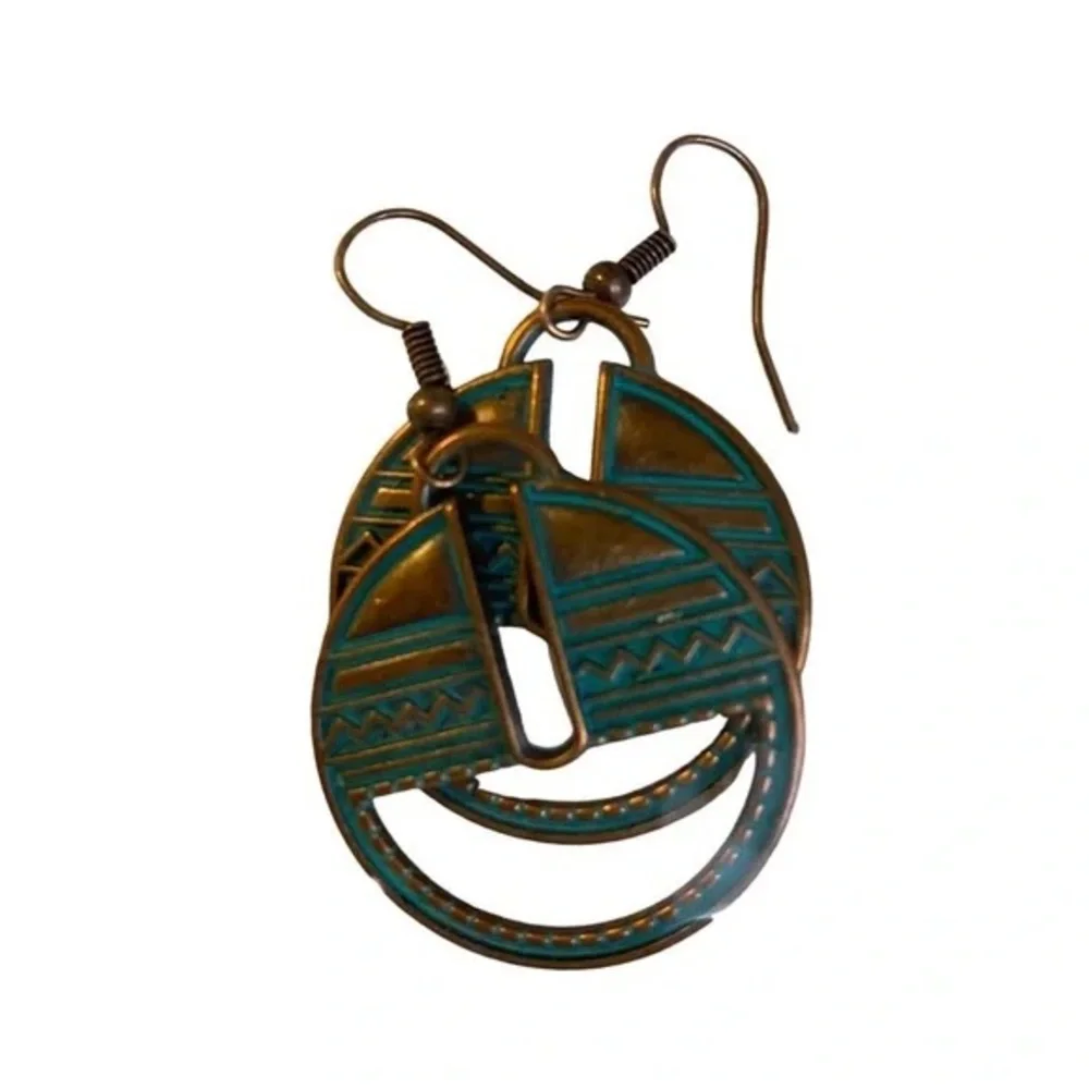 New Womans Turquoise Patina Round Metal Tribal Style Bronze Dangle Hook Earrings